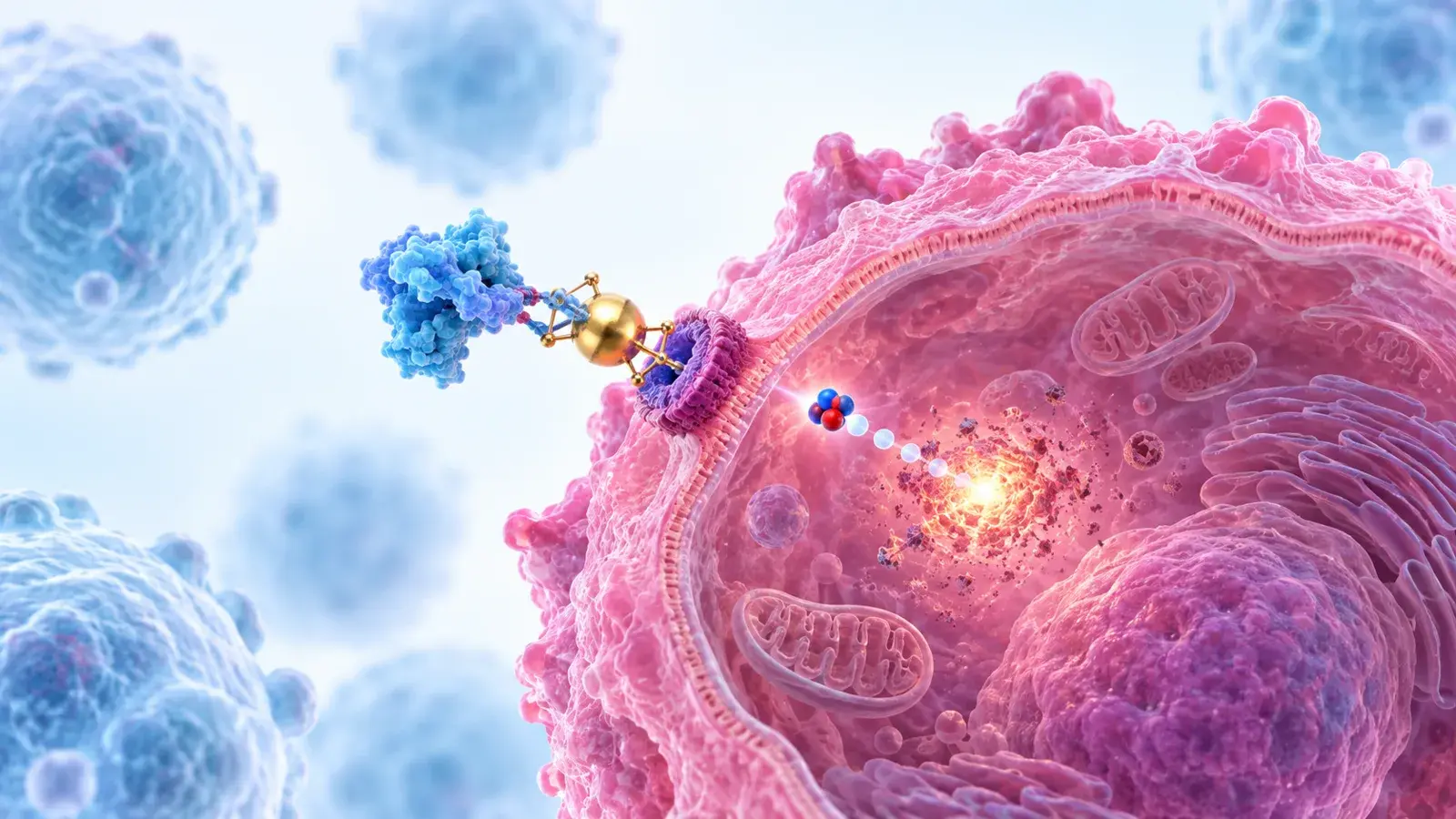 Illustration of a targeted radiopharmaceutical bound to a cancer cell, with an alpha particle travelling into the cell