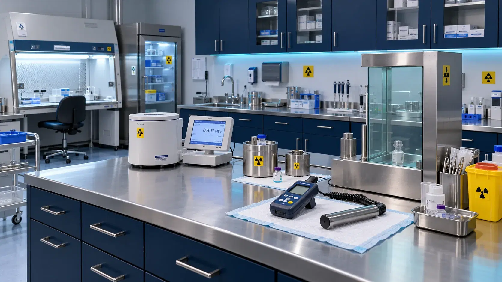 Illustrated hospital hot lab with a dose calibrator, shielded workstation, and survey instruments