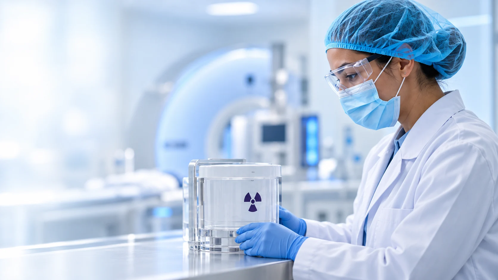 Clinician wearing protective equipment beside a shielded medical container