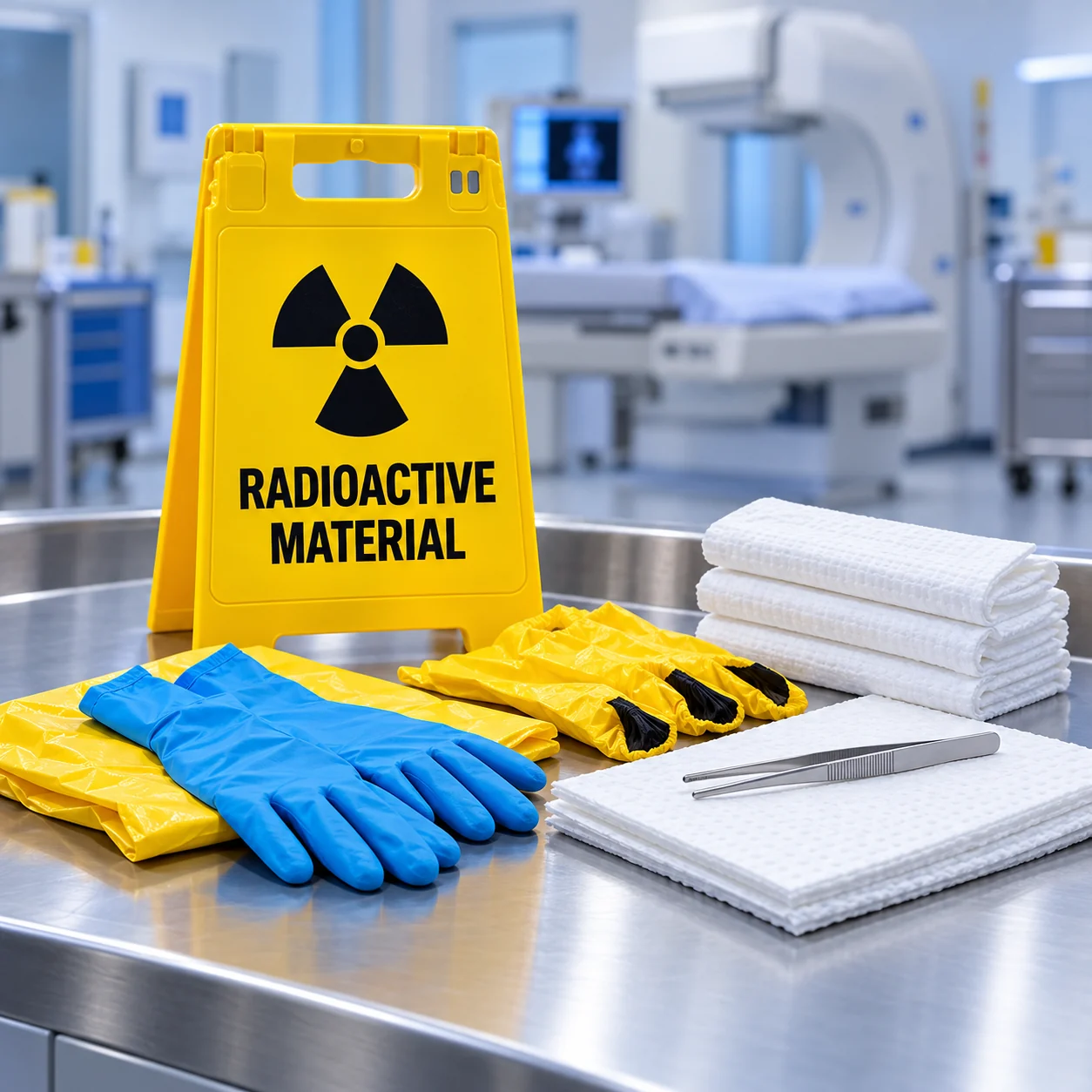 Radiation warning sign with gloves, absorbent materials, and spill-response supplies