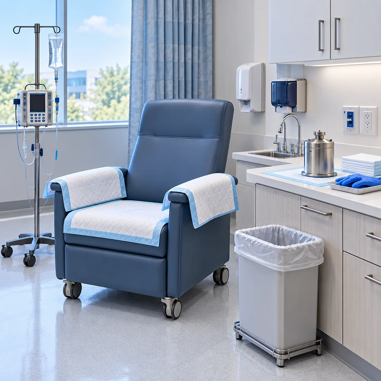 Theranostics treatment recliner with protective coverings and prepared supplies